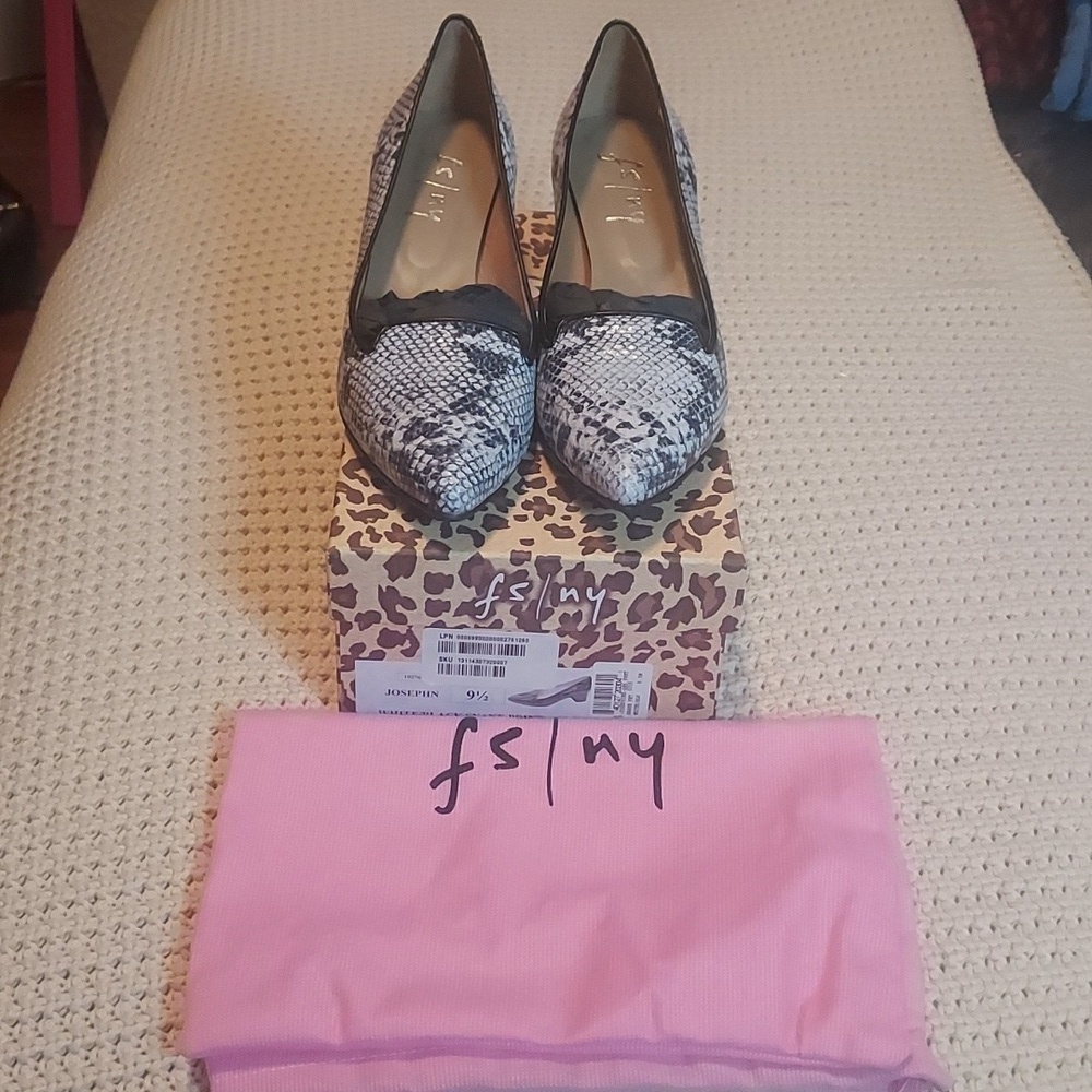 French Sole Josephine Snake Print Heeled Loafers in Black/White NIB